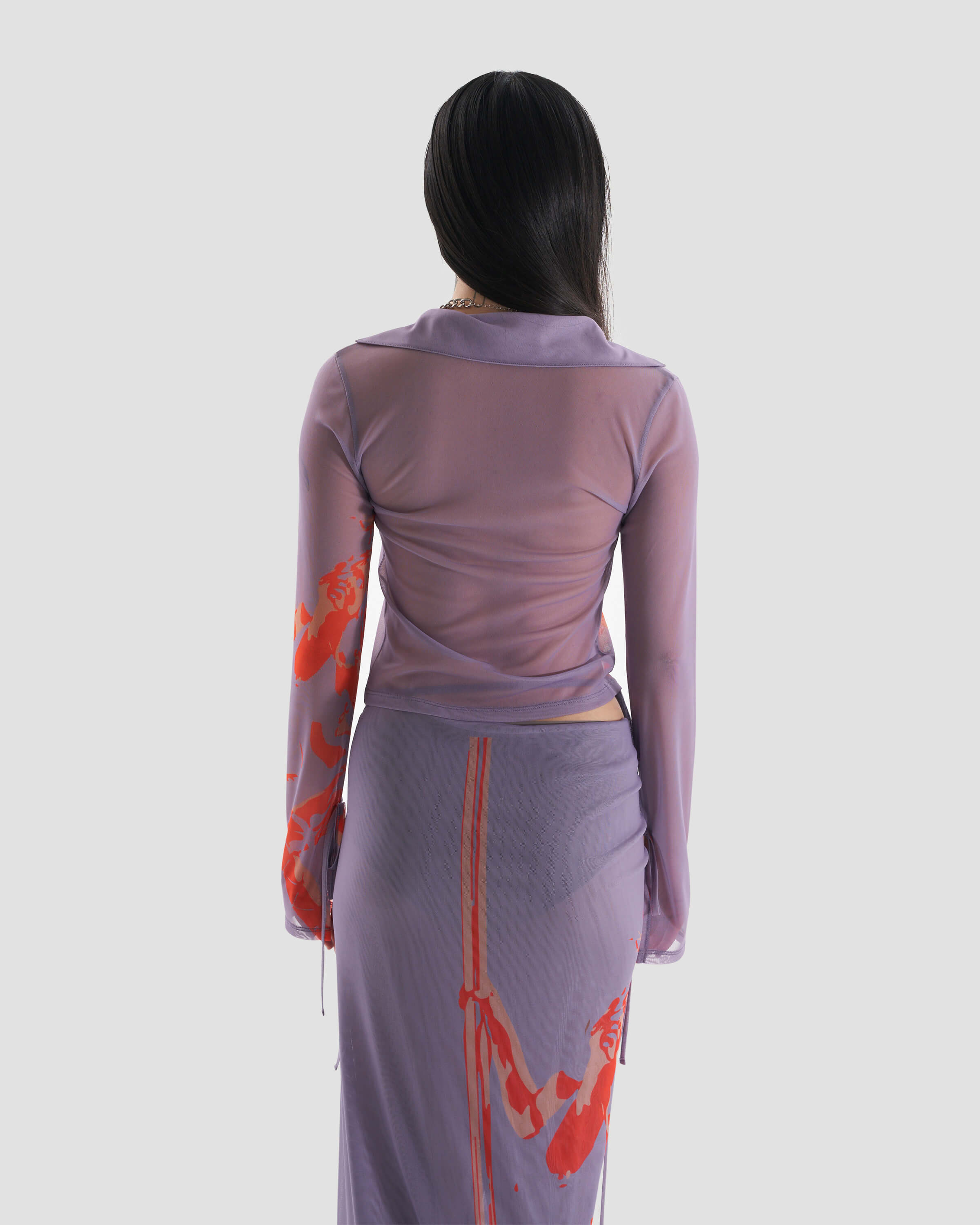 Modern Co-Ord Printed Mesh Shirt with Tie Detail in Purple